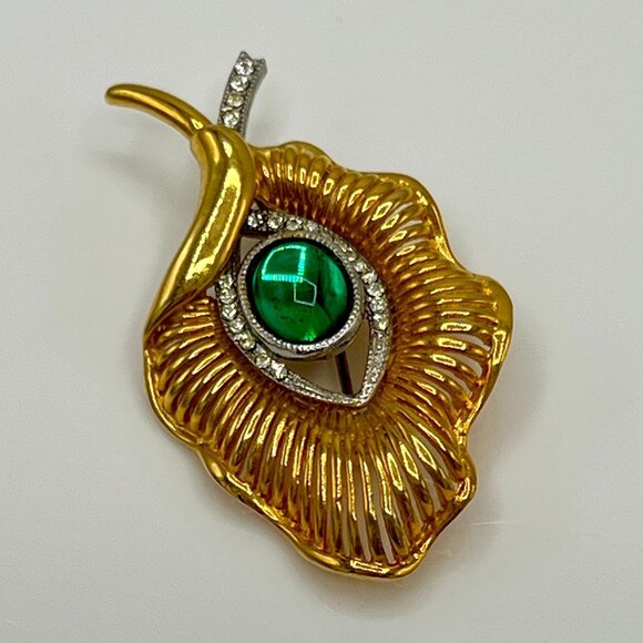 ACCESSOCRAFT Runway Signed Gold Green Evil Eye Rhinestone Filigree Brooch Vtg - Picture 4 of 8